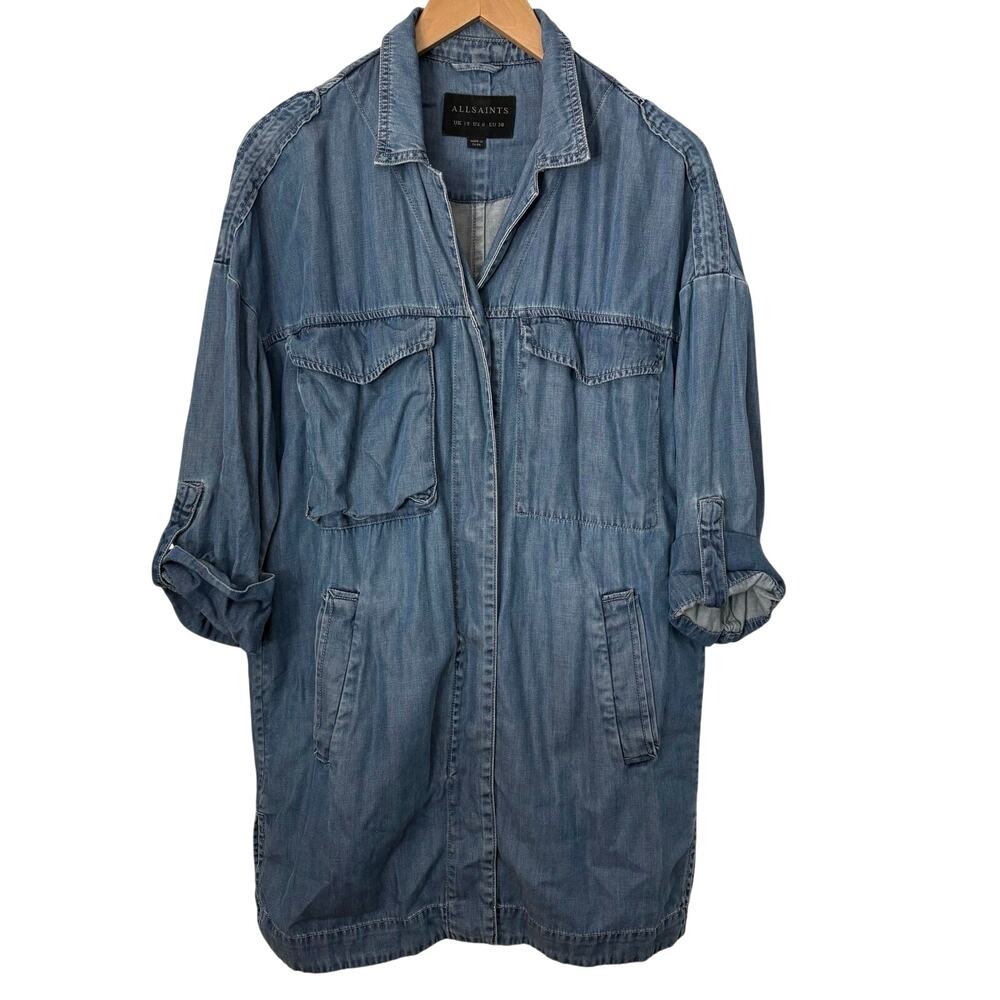 AllSaints May Tencel Coat Oversized Snap Button Chambray Womens Size 6 Utility